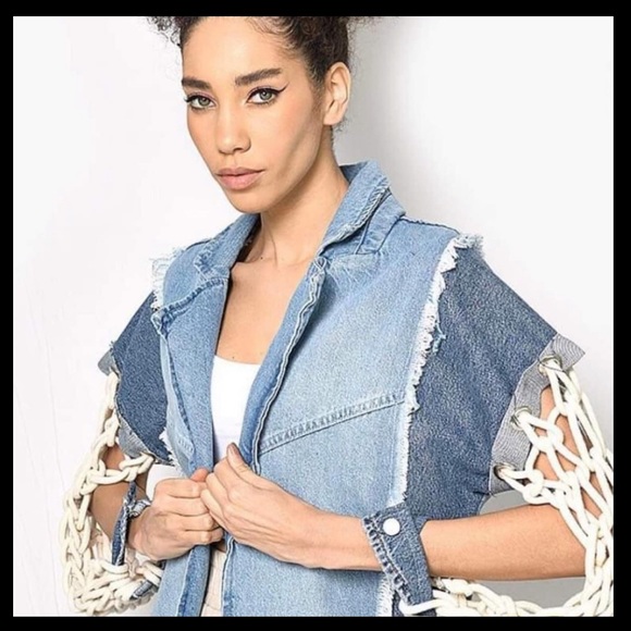 New NEW Blue denim macrame sleeve jean jacket size S - Picture 2 of 7
